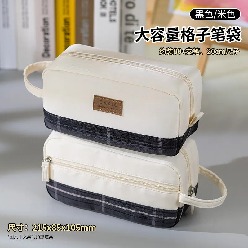 GRAY Extra Large PLAID XL Angoo Canvas Pen Case Pencil Case Stationery Case Storage Case Travel Case Up to 80 Items | 215 x 85 x 105mm