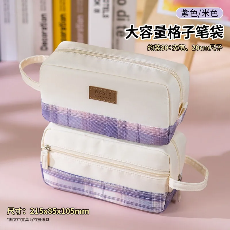 GRAY Extra Large PLAID XL Angoo Canvas Pen Case Pencil Case Stationery Case Storage Case Travel Case Up to 80 Items | 215 x 85 x 105mm