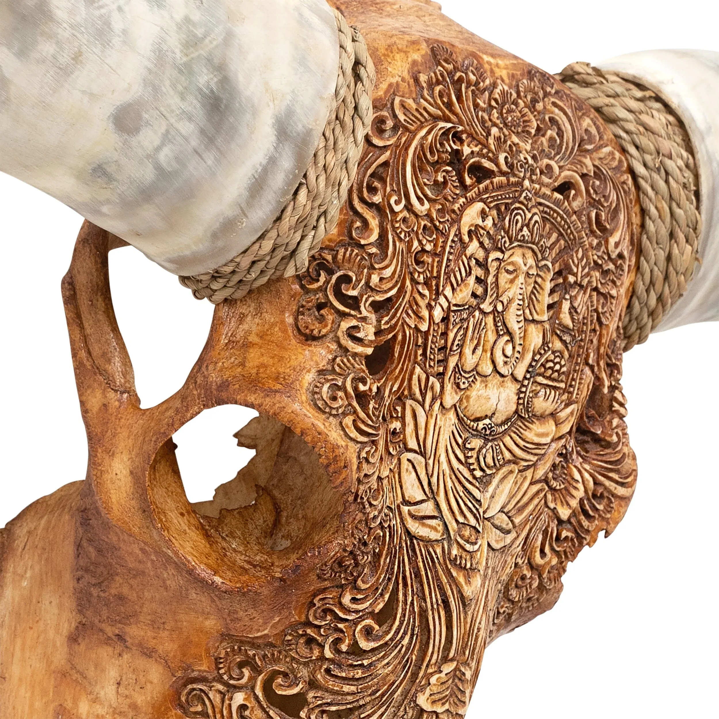 Hand Carved Longhorn Skull - Antique Ganesha