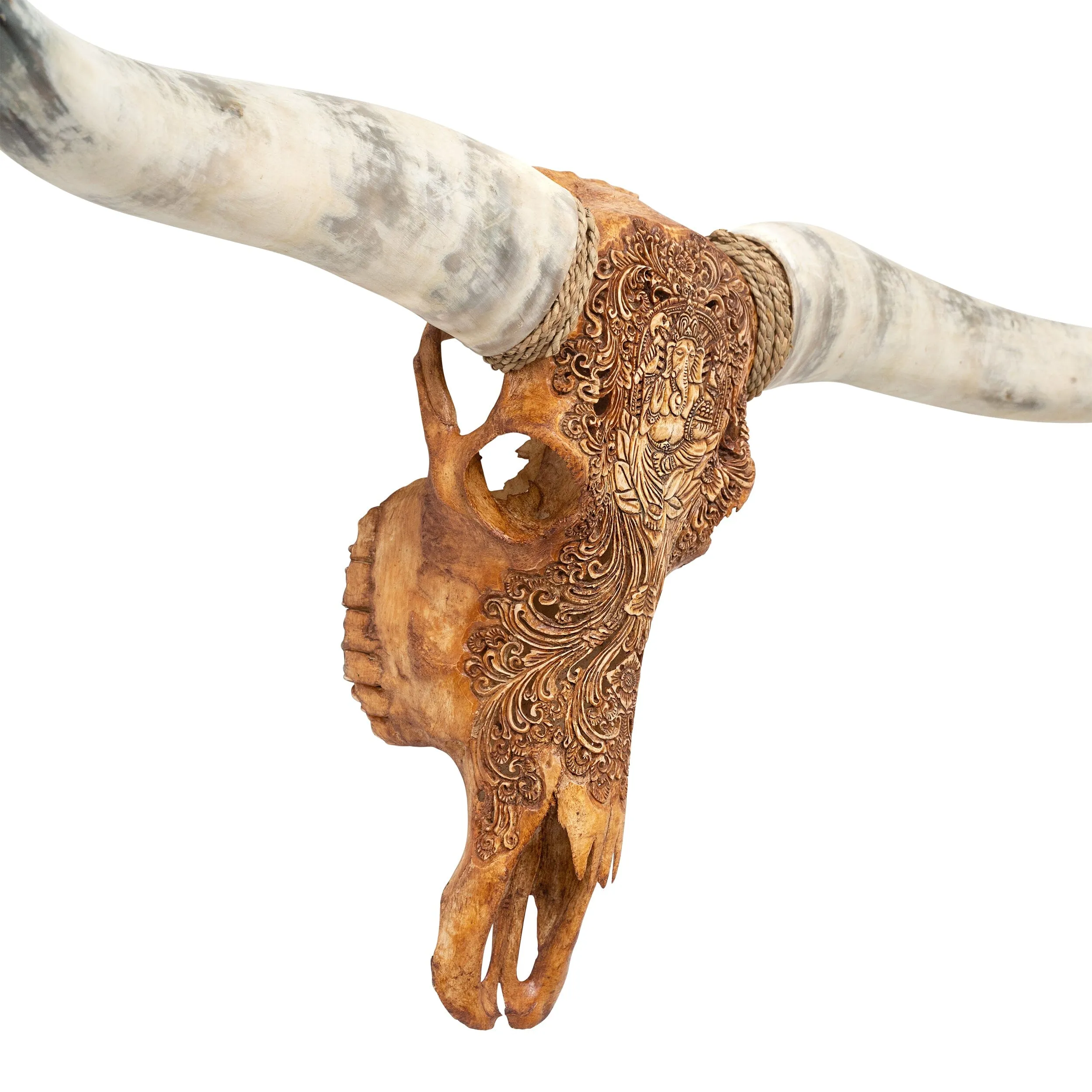 Hand Carved Longhorn Skull - Antique Ganesha