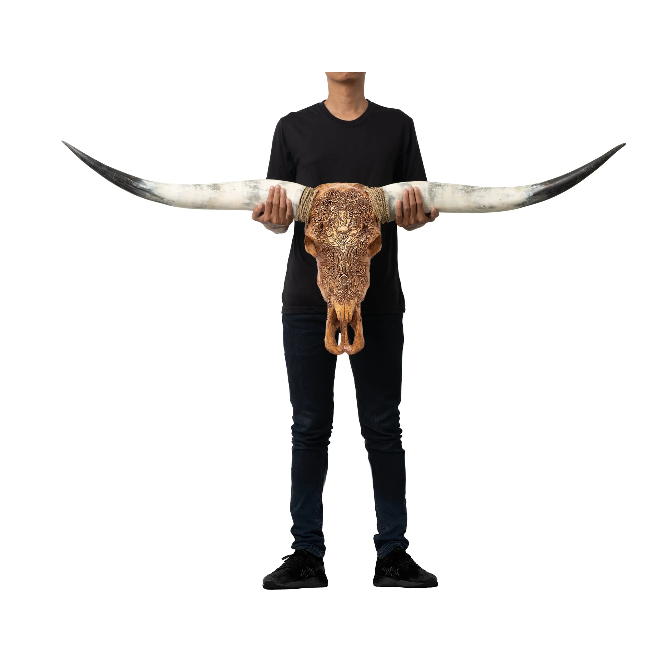 Hand Carved Longhorn Skull - Antique Ganesha