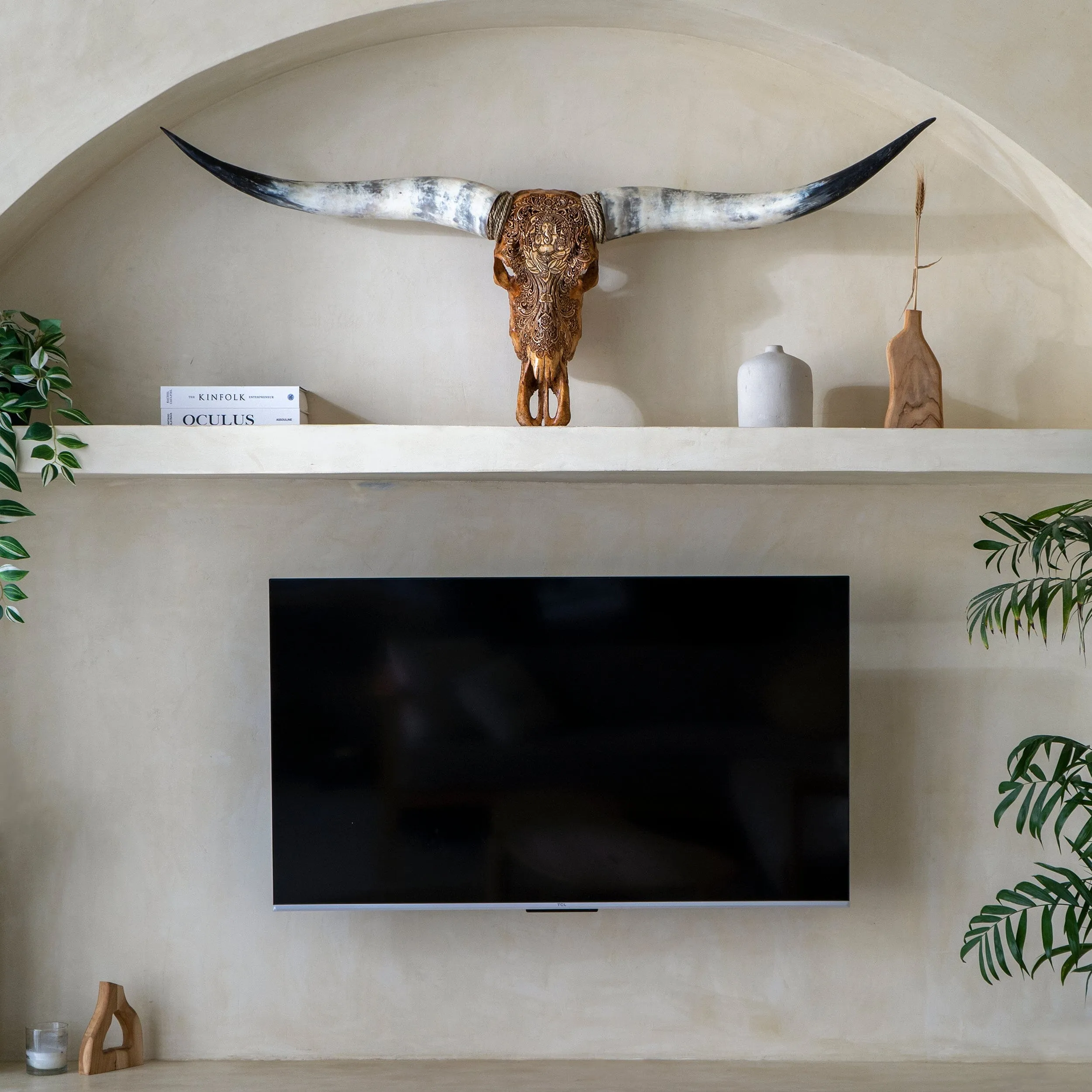 Hand Carved Longhorn Skull - Antique Ganesha