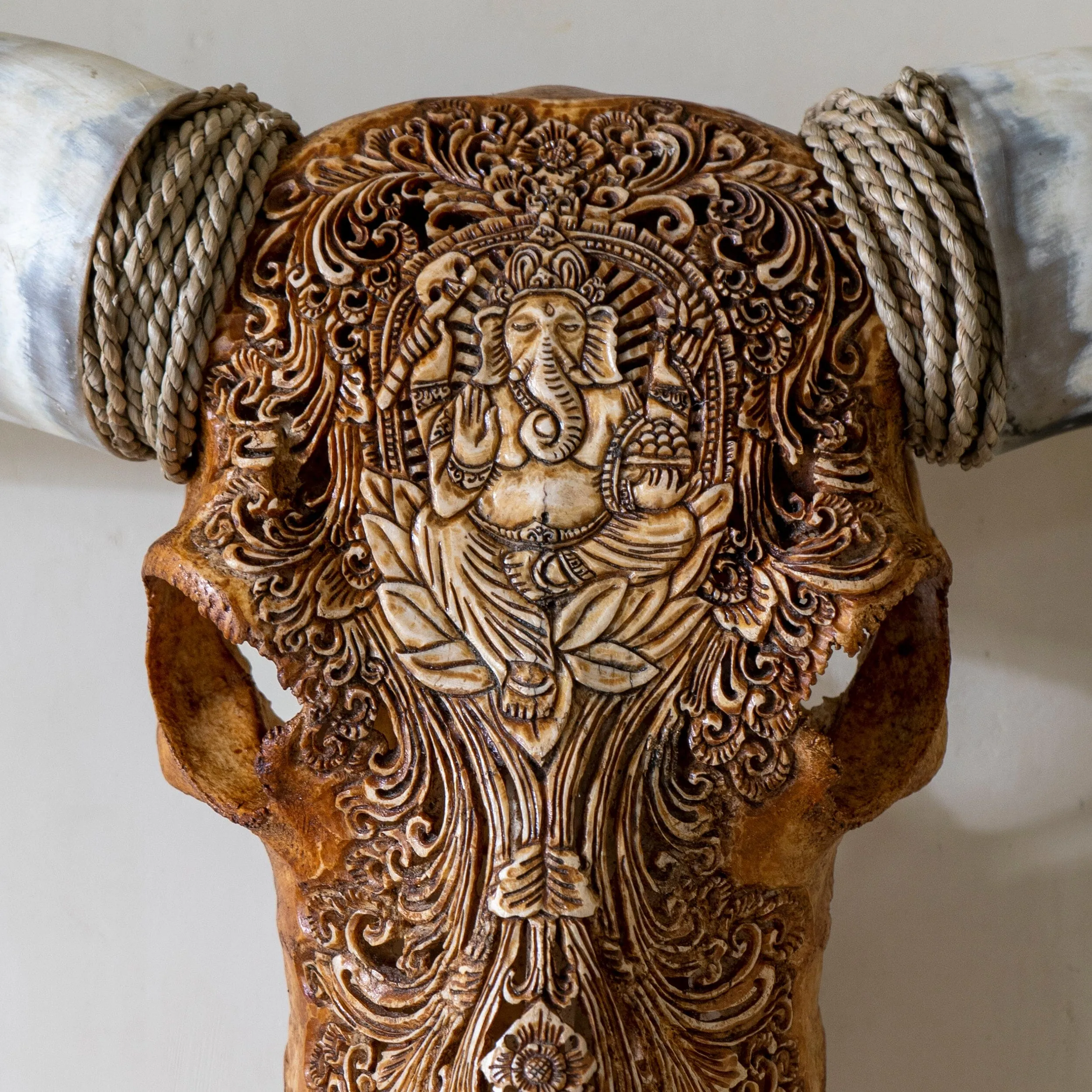 Hand Carved Longhorn Skull - Antique Ganesha