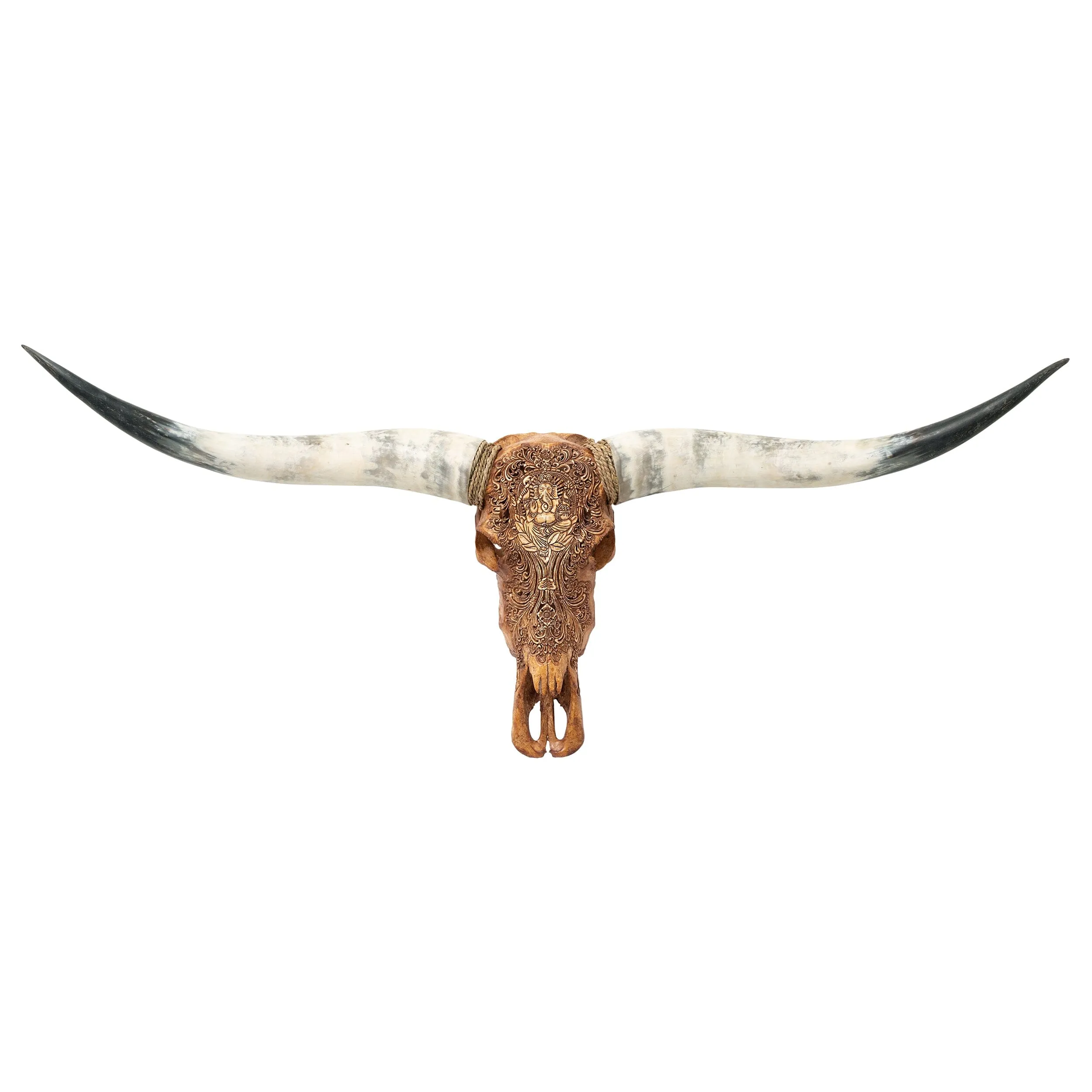 Hand Carved Longhorn Skull - Antique Ganesha