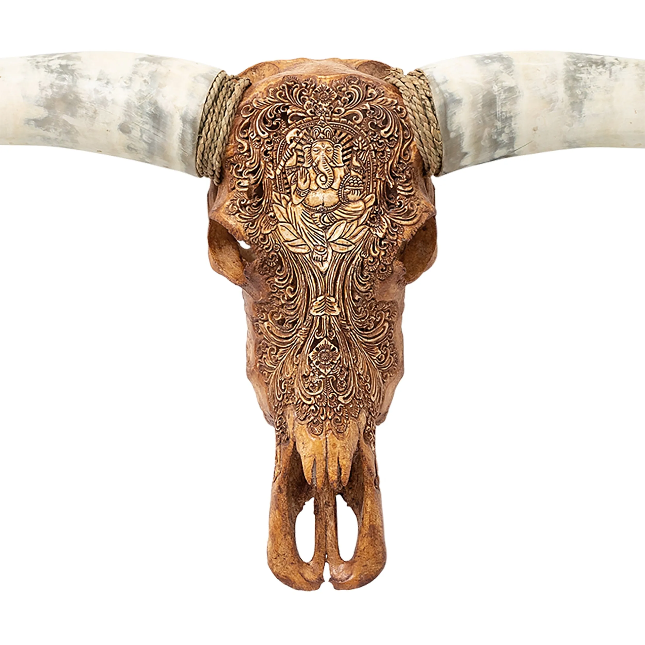 Hand Carved Longhorn Skull - Antique Ganesha