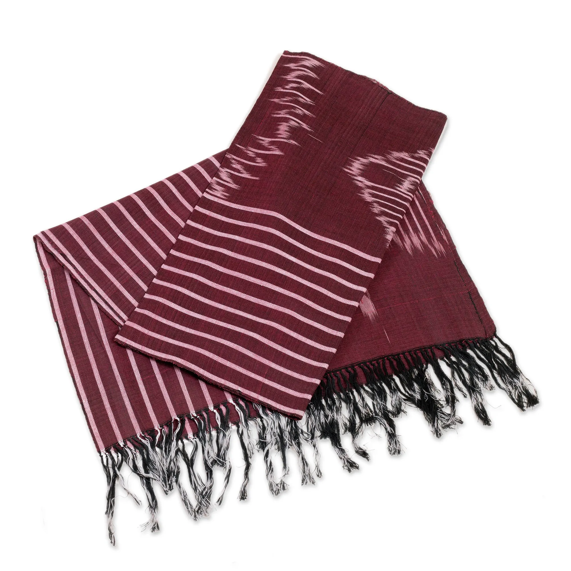 Hand-Woven Fringed Cotton Ikat Scarf in Burgundy and Pink - Fergana in Burgundy | NOVICA