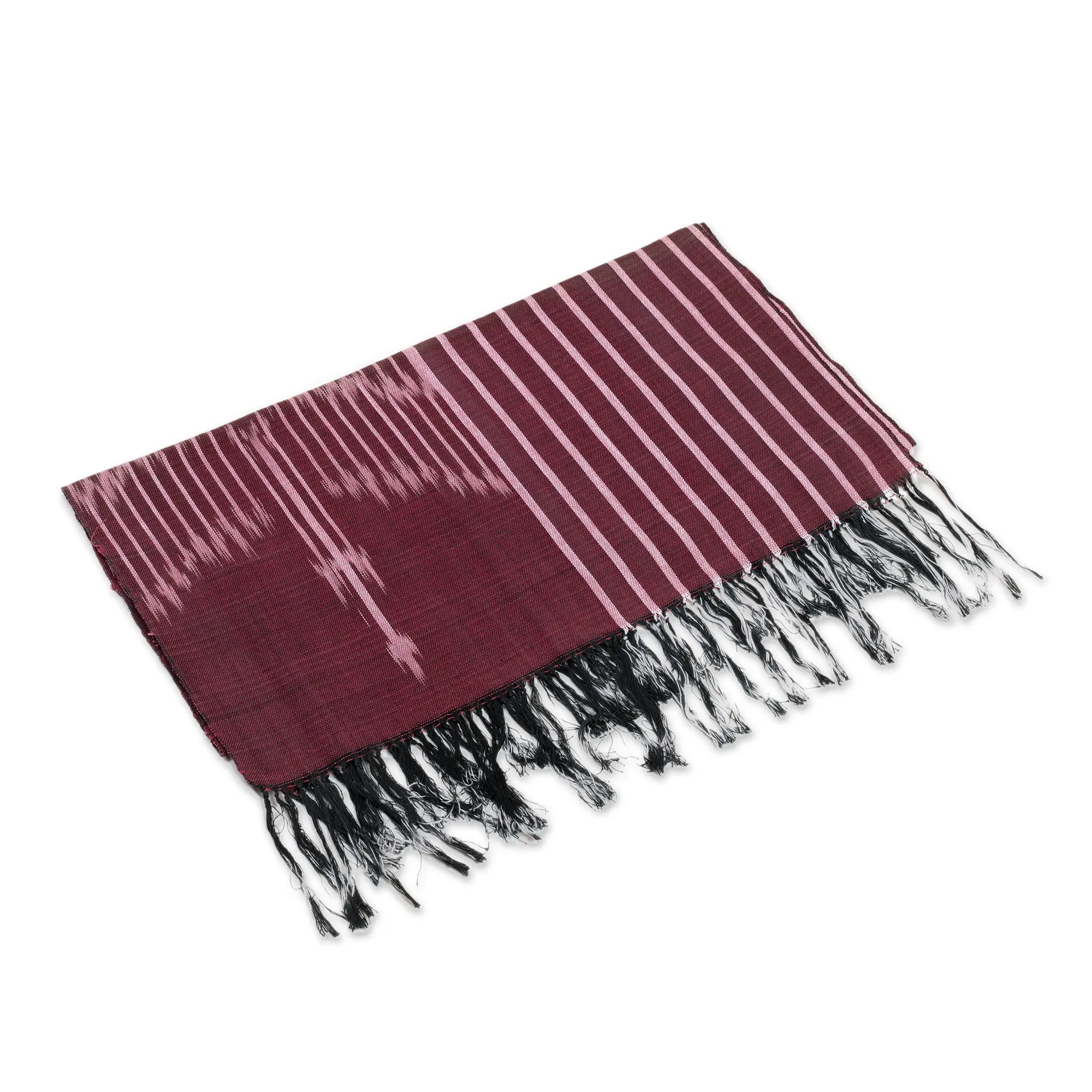 Hand-Woven Fringed Cotton Ikat Scarf in Burgundy and Pink - Fergana in Burgundy | NOVICA