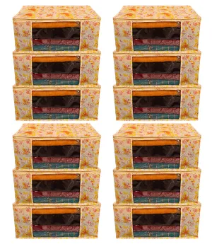 Heart Home Flower Design Non-woven Sarees, Clothes Cover/Organizer With Transparent Window- Pack of 12 (Yellow)-44HH0400