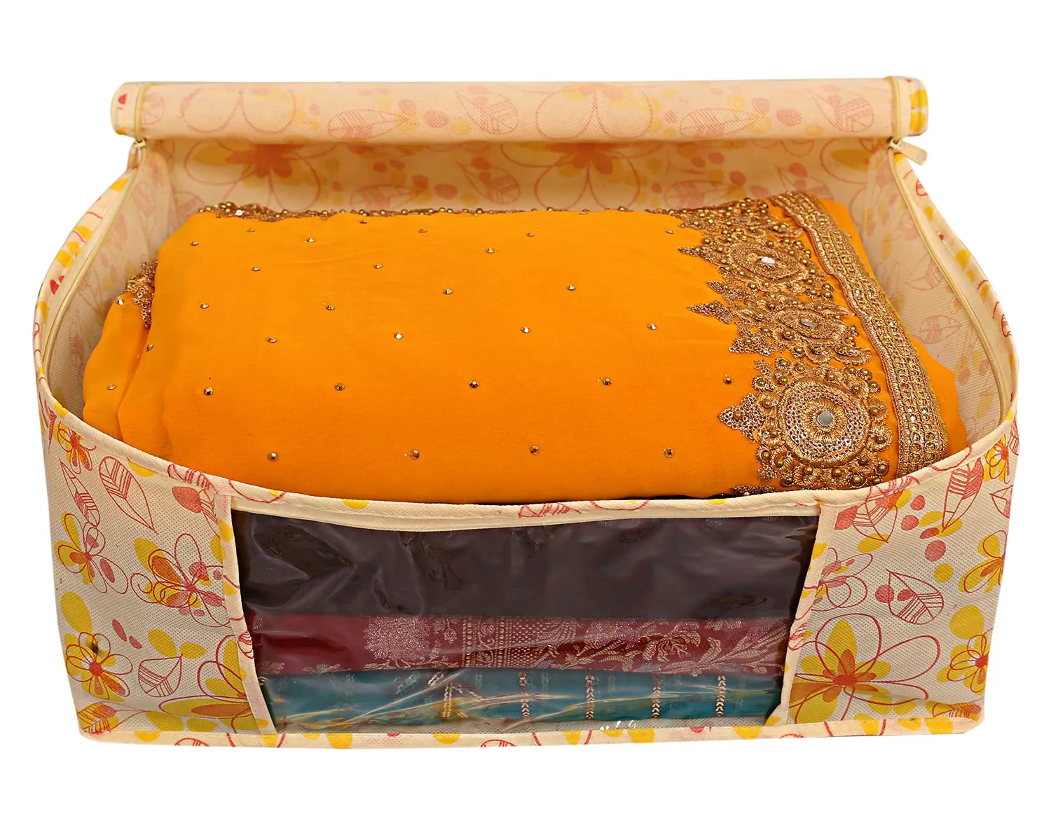 Heart Home Flower Design Non-woven Sarees, Clothes Cover/Organizer With Transparent Window- Pack of 12 (Yellow)-44HH0400