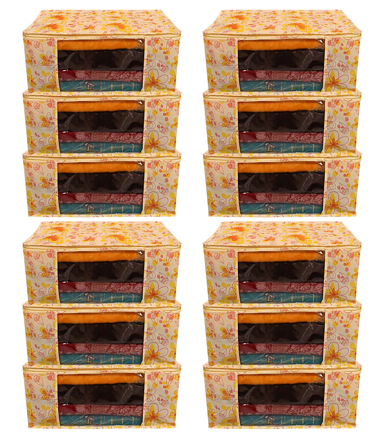Heart Home Flower Design Non-woven Sarees, Clothes Cover/Organizer With Transparent Window- Pack of 12 (Yellow)-44HH0400