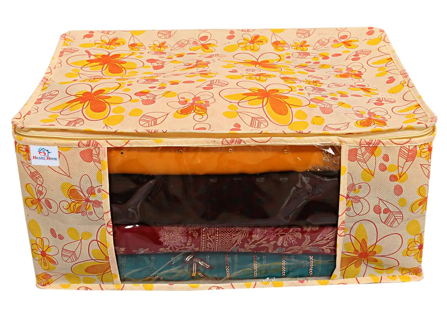 Heart Home Flower Design Non-woven Sarees, Clothes Cover/Organizer With Transparent Window- Pack of 3 (Yellow)-44HH0394