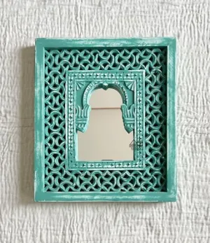 Infinite Art Wall Hanging Hand Carved Arched Merhaph Design Mirror Frame Vintage Style Teal Green 14 X 16.5 Inch Wall Decor Mirror Frame