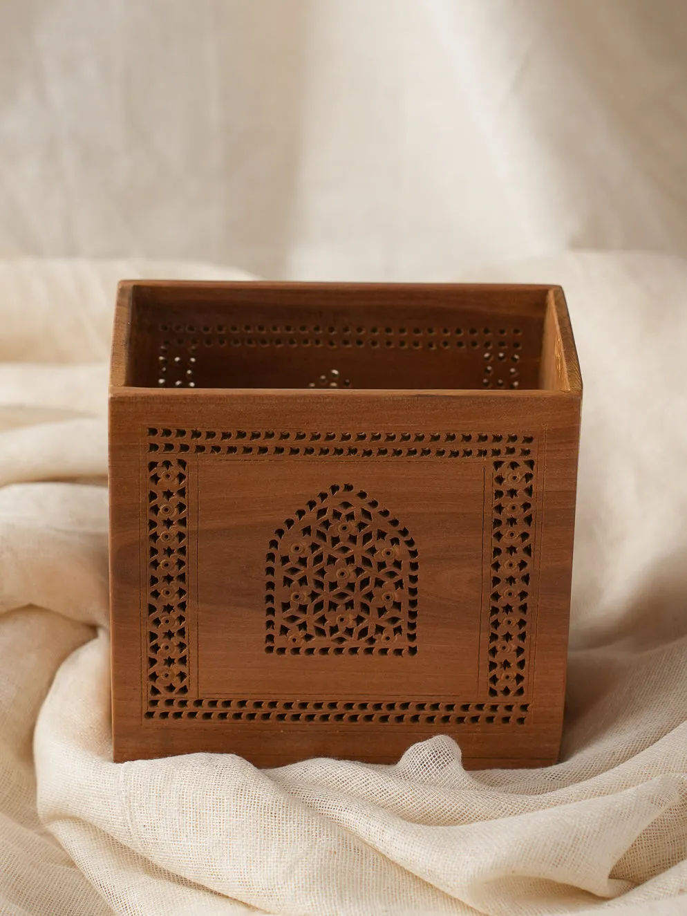 Intricate Jaali Wood Craft Stationery Holder - Mughal Ornate