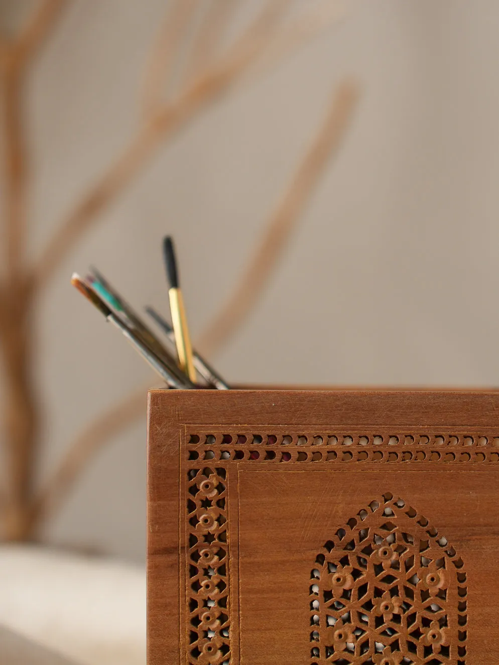 Intricate Jaali Wood Craft Stationery Holder - Mughal Ornate