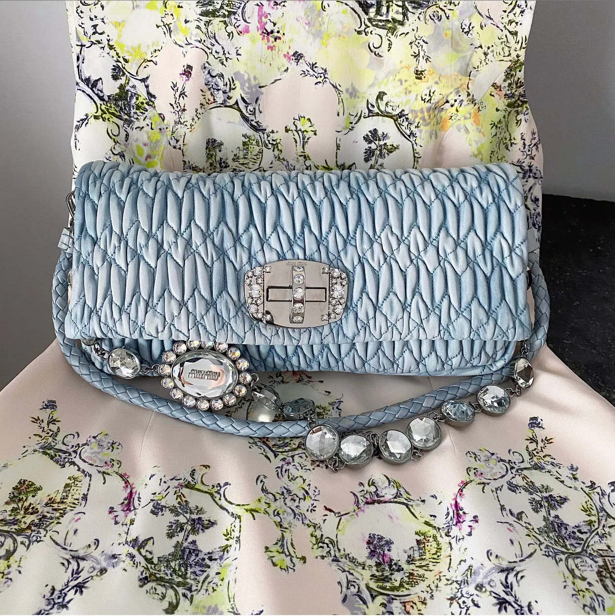 Miu Miu light blue Matelasse Crystal Flap Bag