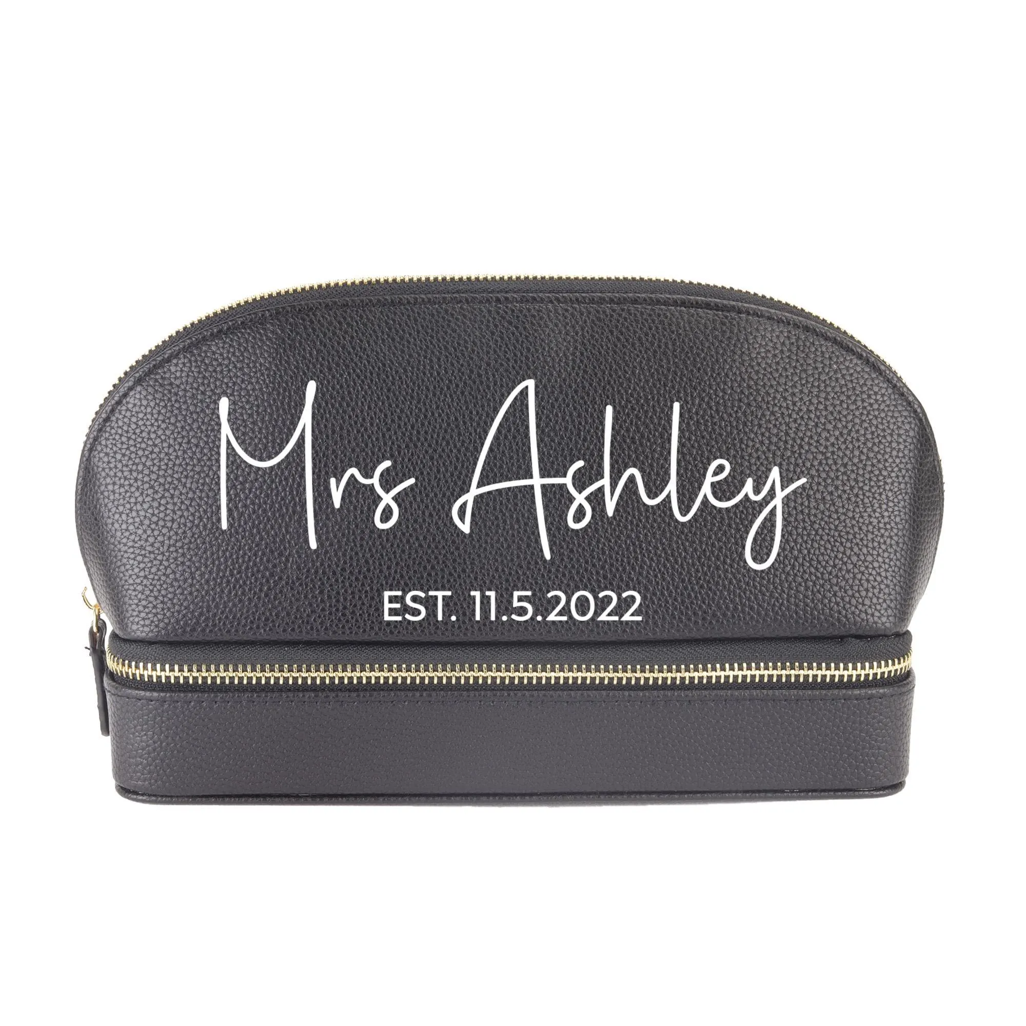 Mrs. Last Name Est Year Faux Leather Makeup Jewelry Bag Personalized Date Wedding Makeup Case Custom Bridal Shower Gift Honeymoon (BMB1004)