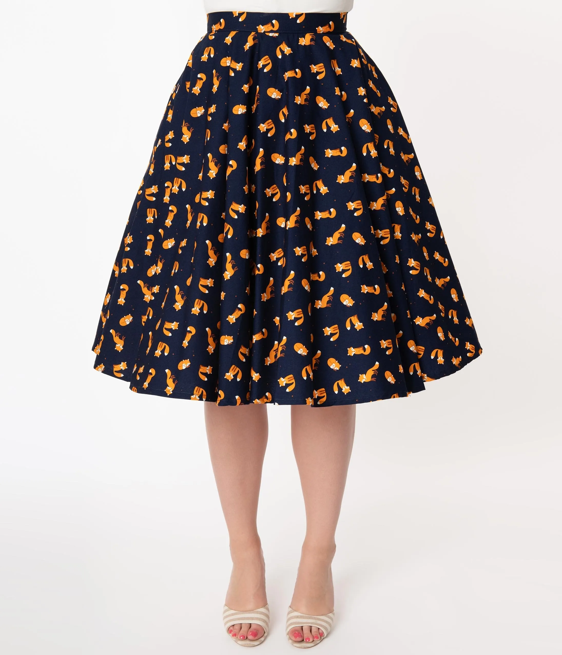 Navy & Orange Fox Print High Waist Swing Skirt