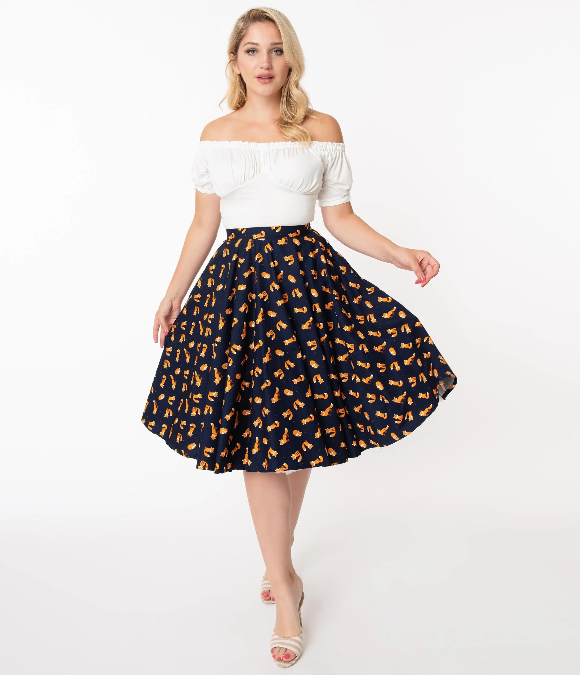 Navy & Orange Fox Print High Waist Swing Skirt