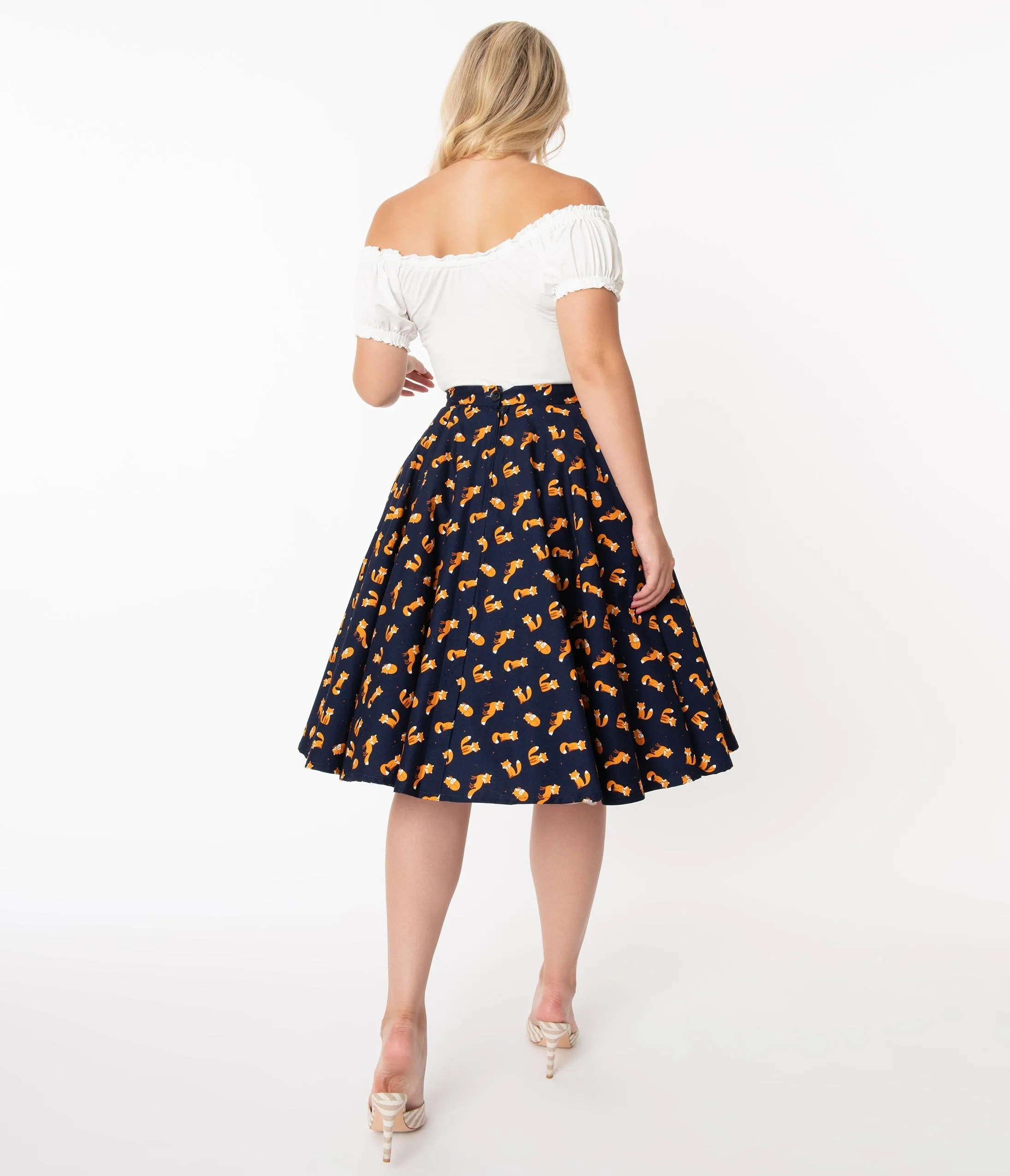 Navy & Orange Fox Print High Waist Swing Skirt
