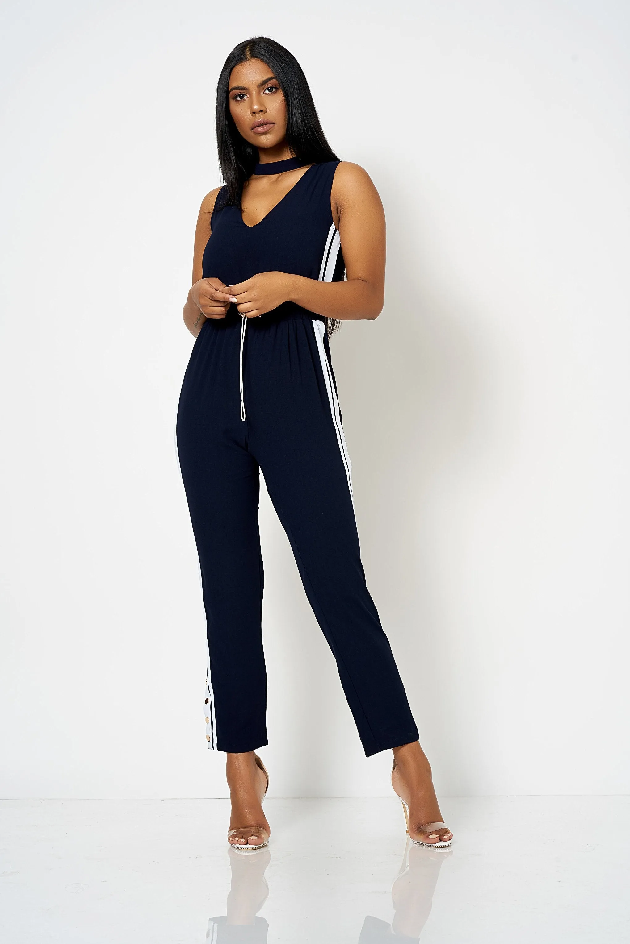 Navy Contrast Stripe Choker Jumpsuit