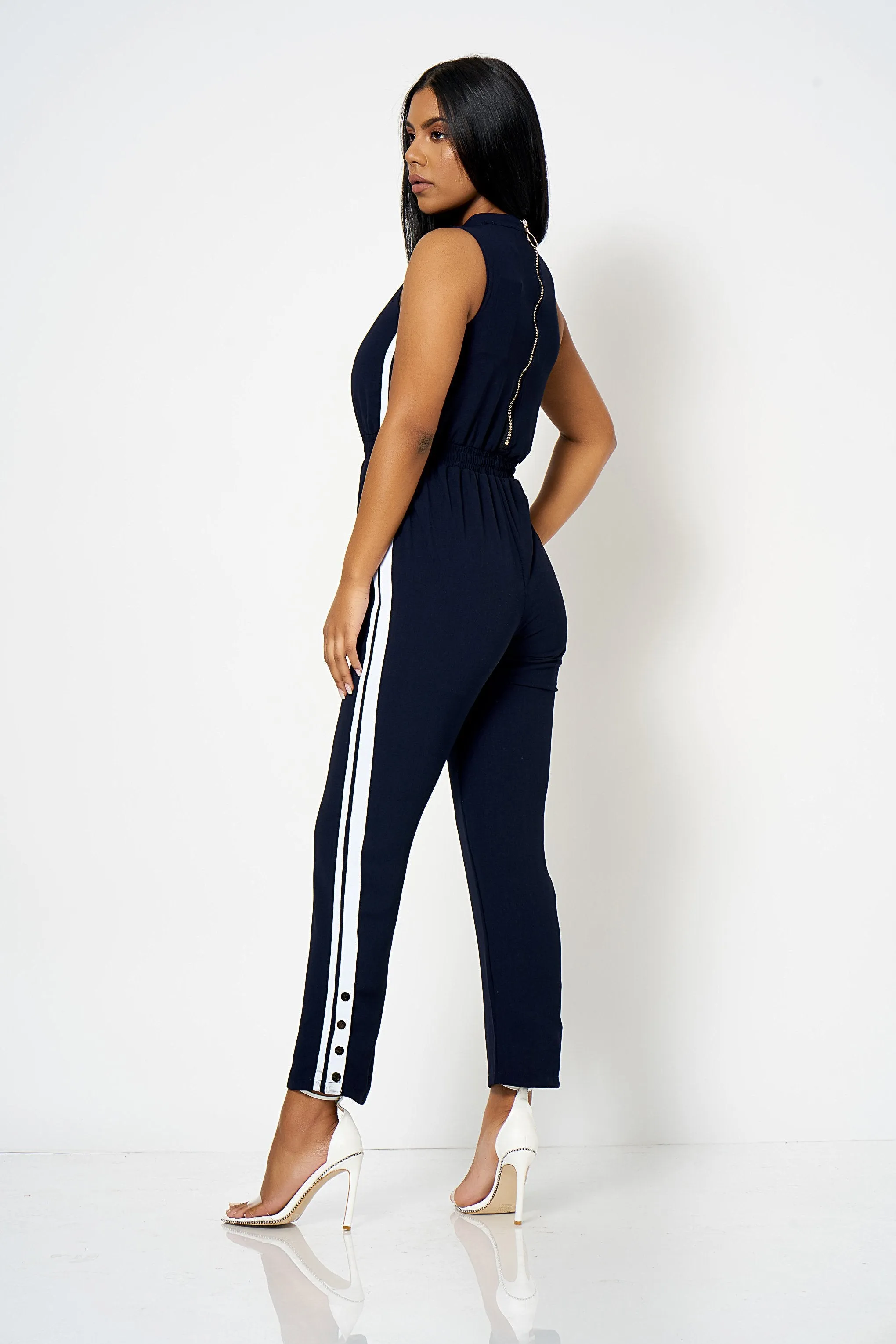 Navy Contrast Stripe Choker Jumpsuit