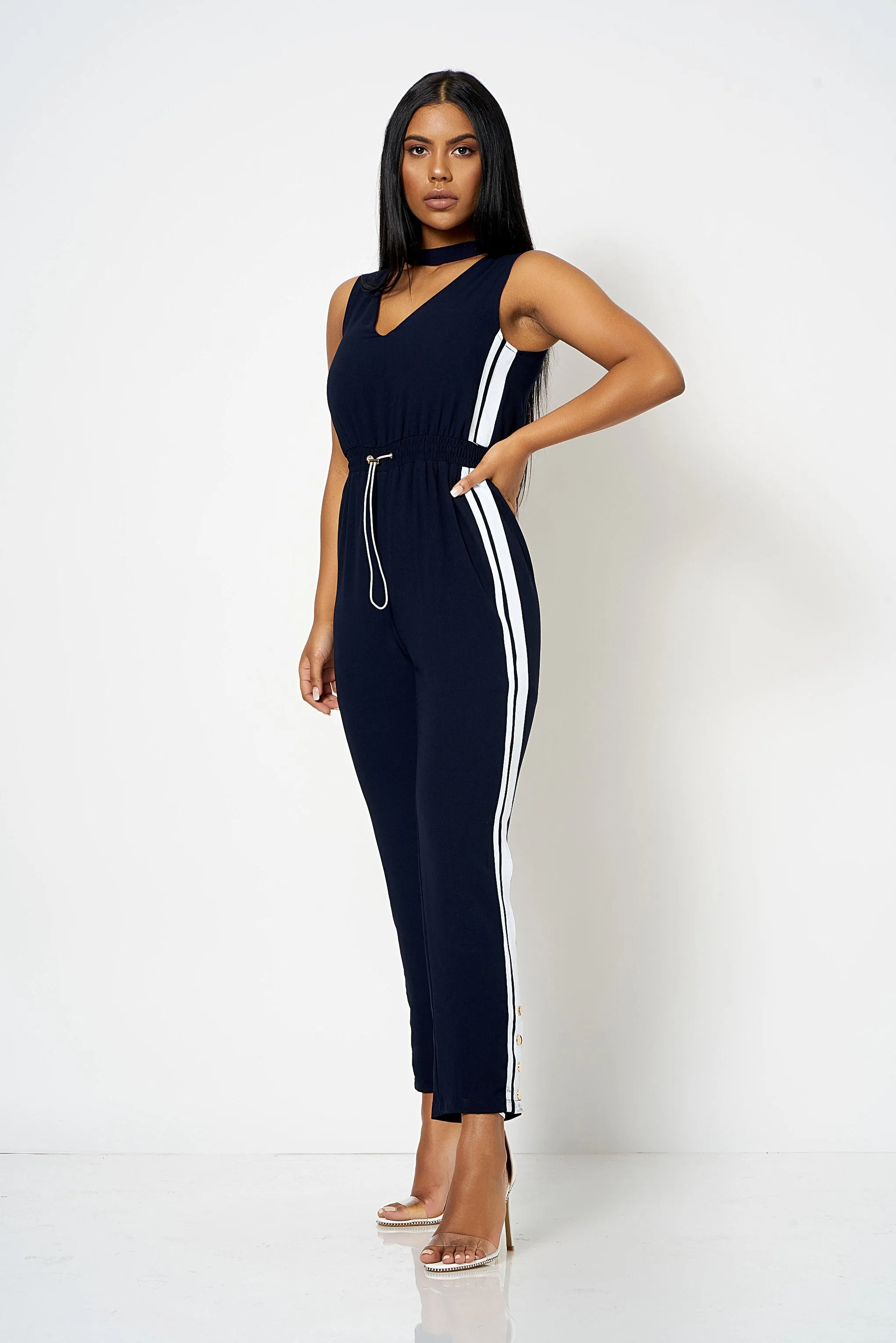 Navy Contrast Stripe Choker Jumpsuit