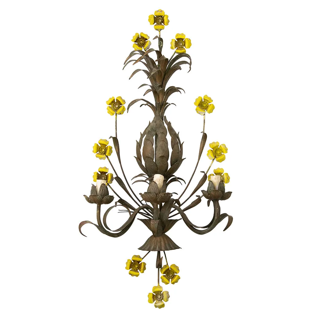 Pair of Large Wrought Iron Sconces with Painted Yellow Flowers