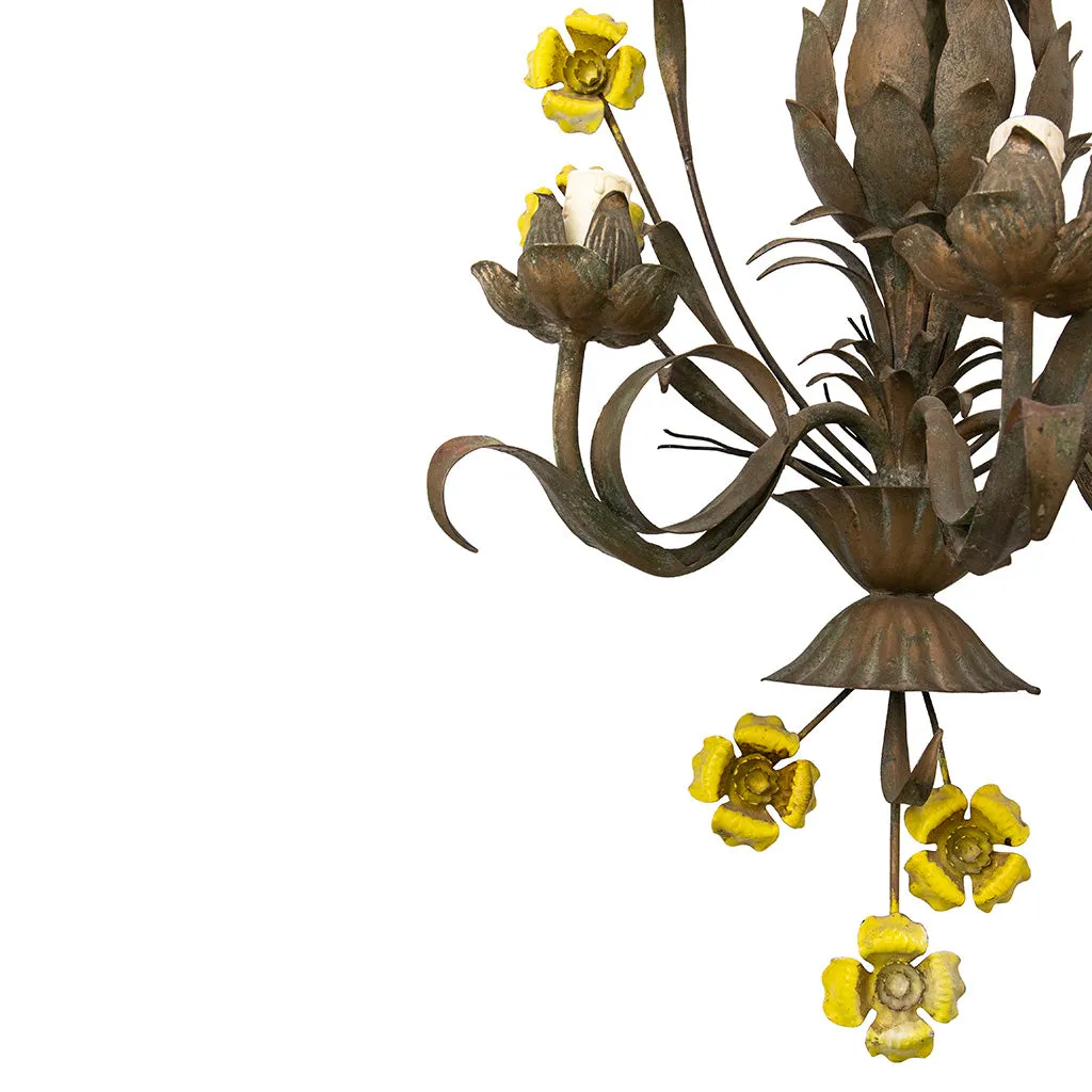 Pair of Large Wrought Iron Sconces with Painted Yellow Flowers
