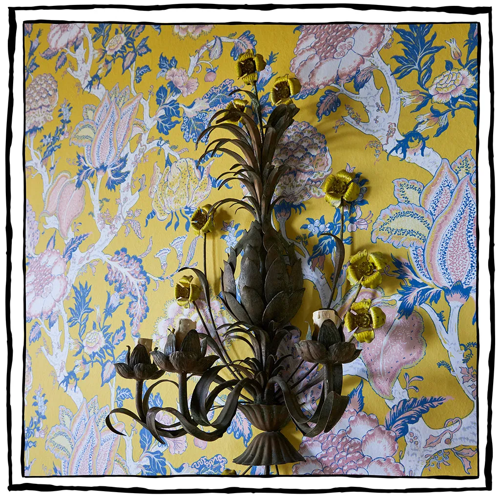 Pair of Large Wrought Iron Sconces with Painted Yellow Flowers