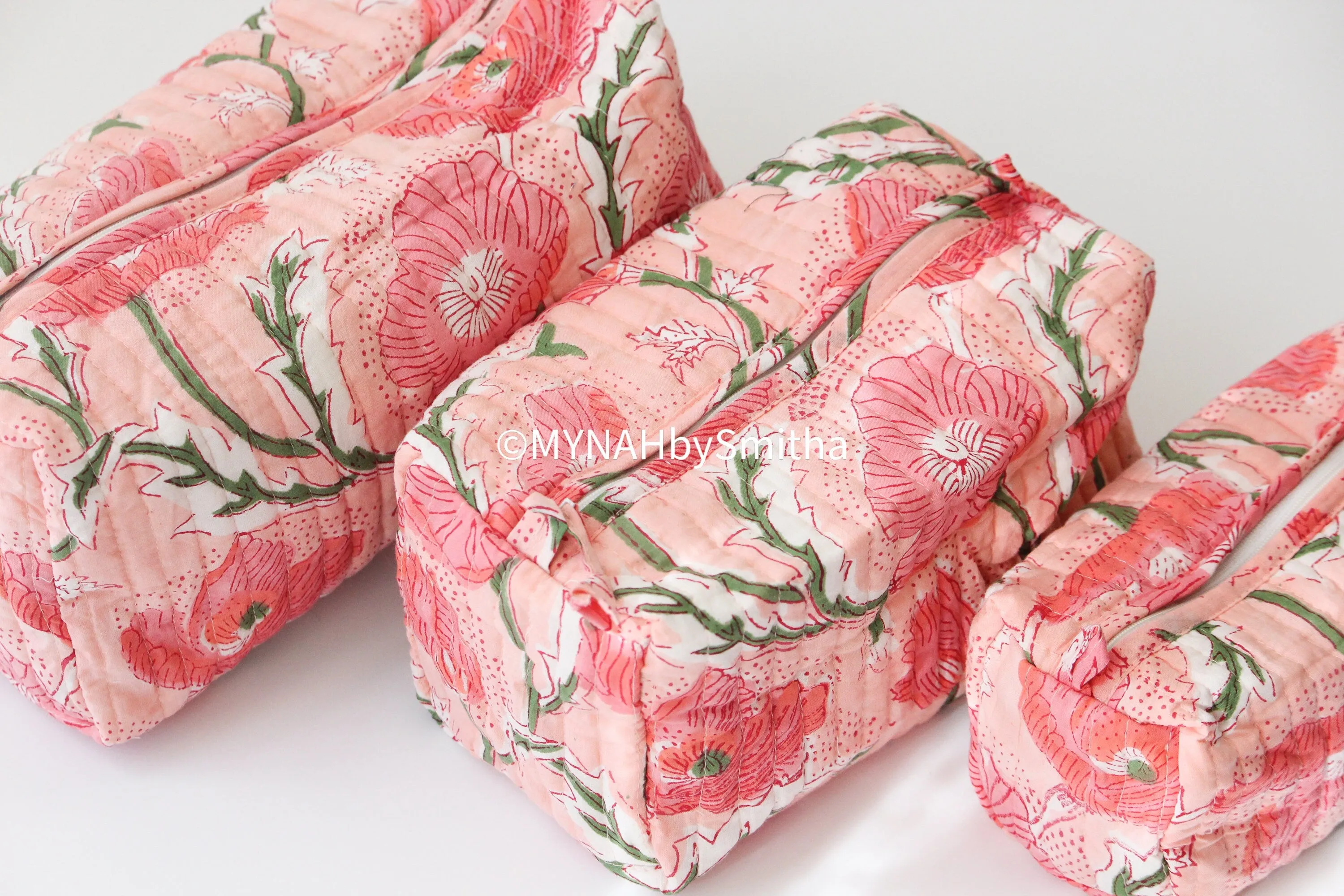 'Peach poppies' printed travel/makeup zipper pouch-set of 3