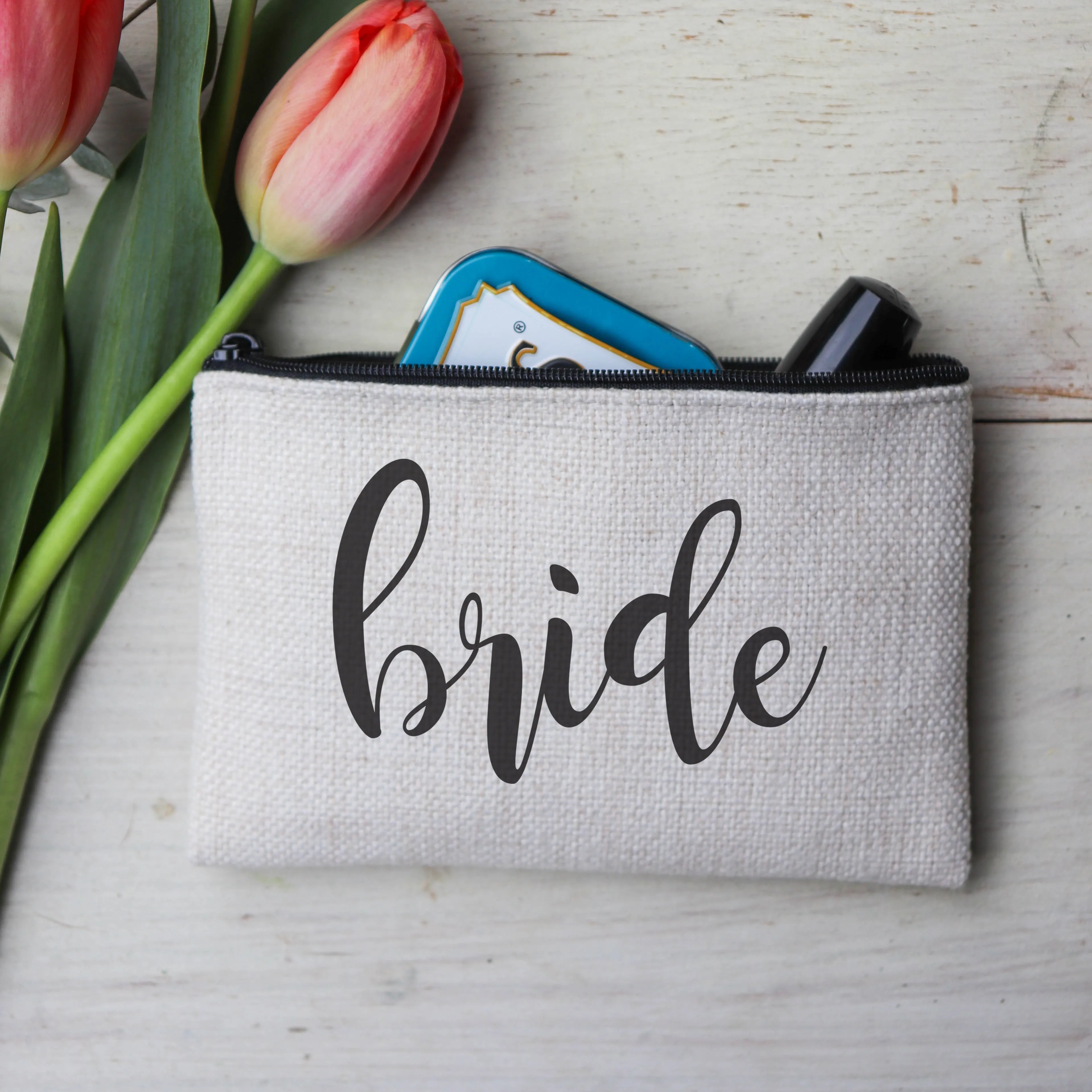 Personalized Makeup Bag, Custom Coin Purse, Bridesmaid Gifts "Bride"