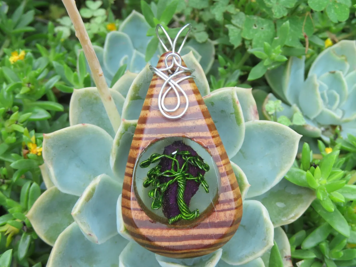Polished Zebra Wood Pendant With Purpurite Centre & Tree Of Life - sold per piece From South Africa