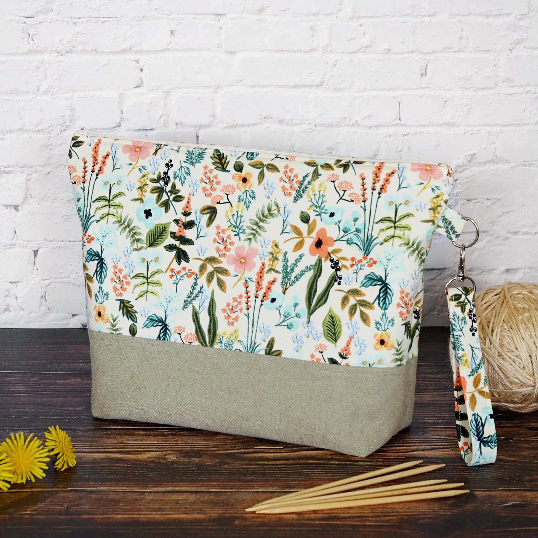 Pretty Floral Project Bag with Zipper and Wrist Strap