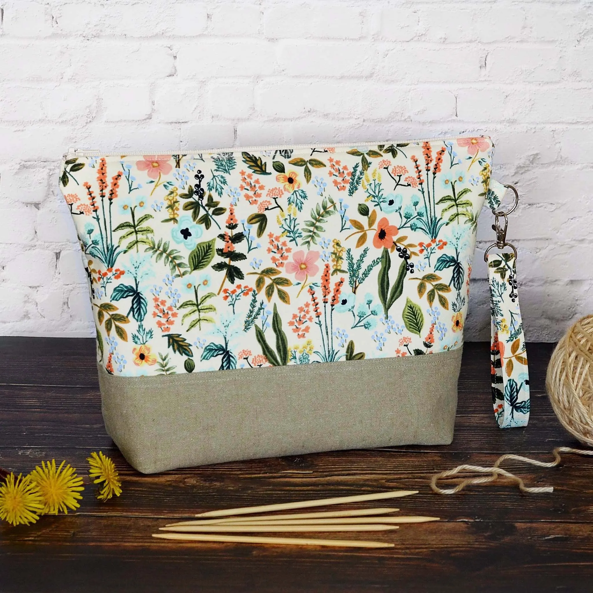 Pretty Floral Project Bag with Zipper and Wrist Strap