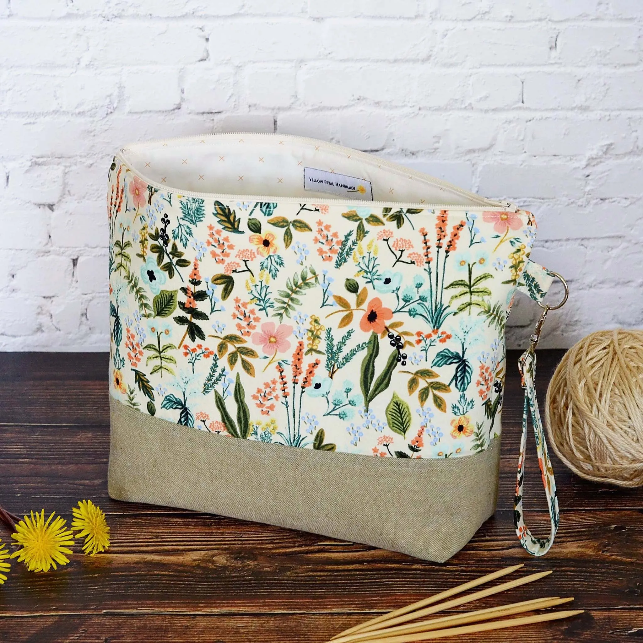 Pretty Floral Project Bag with Zipper and Wrist Strap