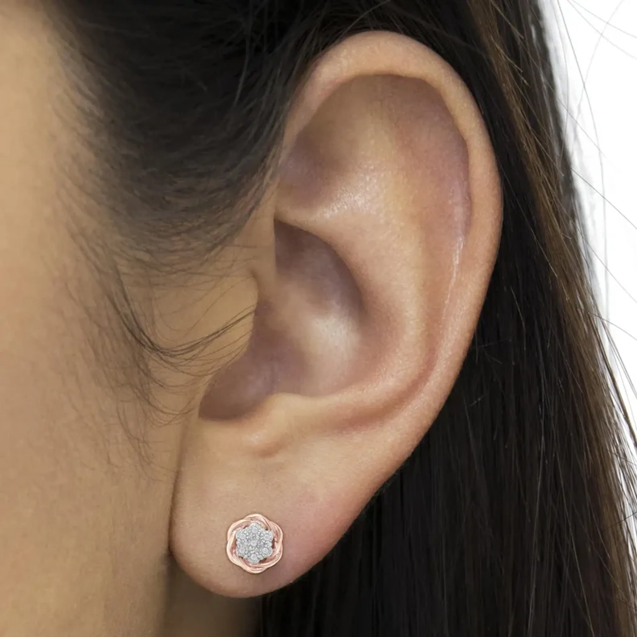 Rose Gold Plated Sterling Silver Round Diamond Rose Stud Earrings (0.15 cttw, I-J Color, I2-I3 Clarity)