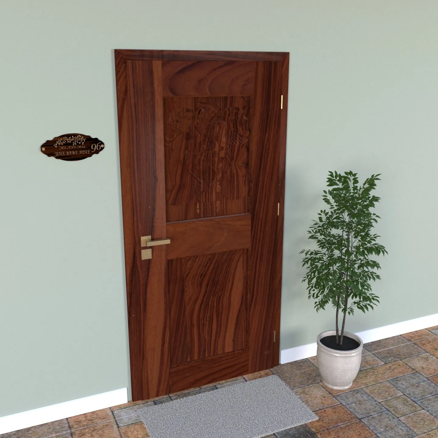 Solid Teak Carved Bird Designed 3 by 6 Door with Choukat