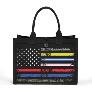 Solidarity Support Military, Police, Firefighter, Nurse, EMS, Dispatch Corrections American Flag Structured Button Closure Canvas Tote Bag in 2 Sizes