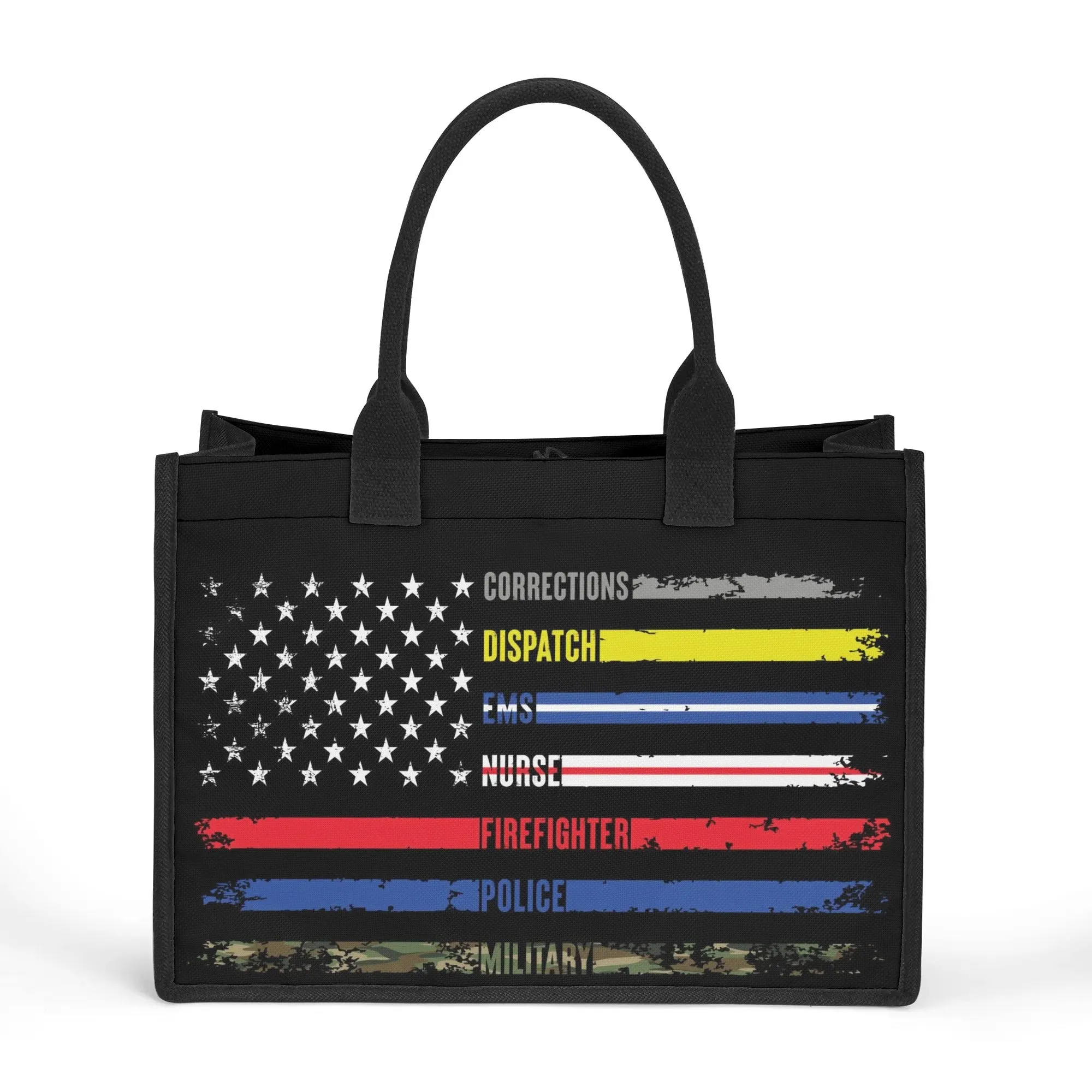 Solidarity Support Military, Police, Firefighter, Nurse, EMS, Dispatch Corrections American Flag Structured Button Closure Canvas Tote Bag in 2 Sizes