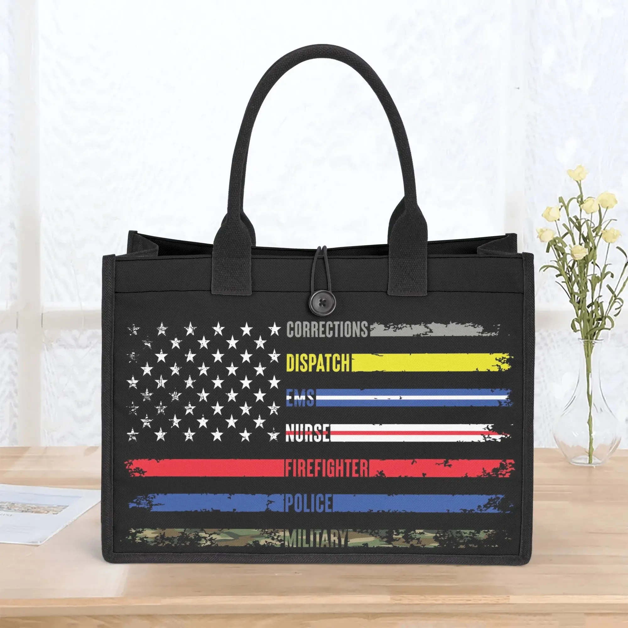 Solidarity Support Military, Police, Firefighter, Nurse, EMS, Dispatch Corrections American Flag Structured Button Closure Canvas Tote Bag in 2 Sizes