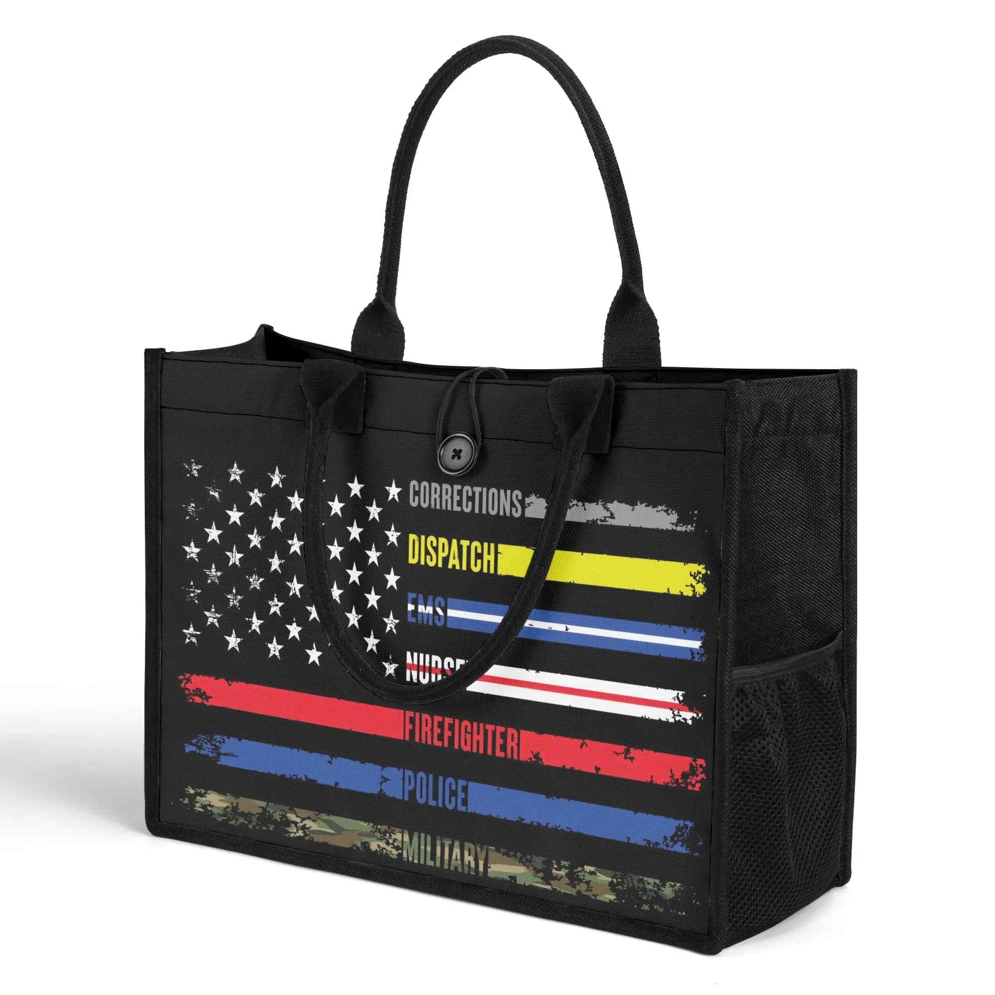 Solidarity Support Military, Police, Firefighter, Nurse, EMS, Dispatch Corrections American Flag Structured Button Closure Canvas Tote Bag in 2 Sizes