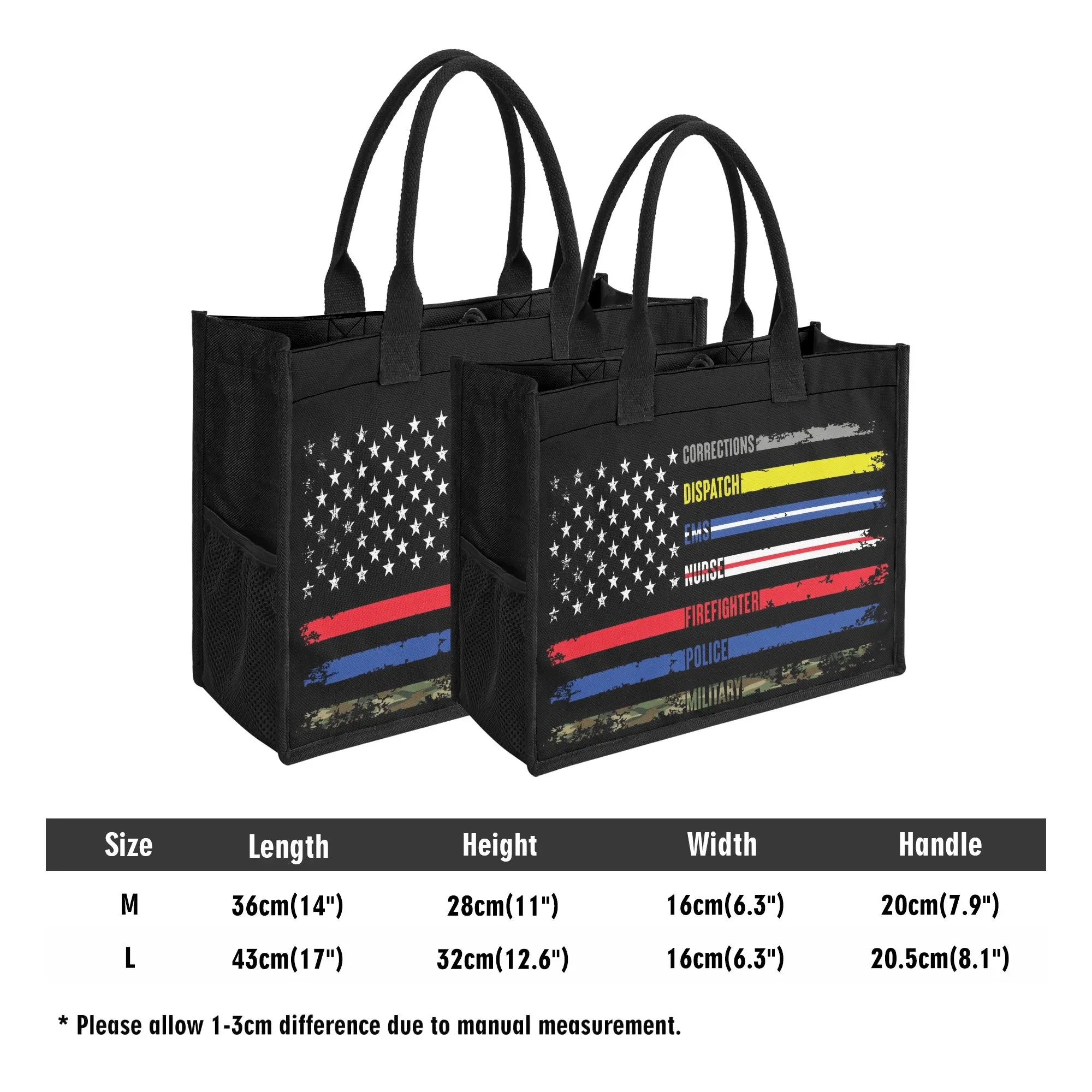 Solidarity Support Military, Police, Firefighter, Nurse, EMS, Dispatch Corrections American Flag Structured Button Closure Canvas Tote Bag in 2 Sizes