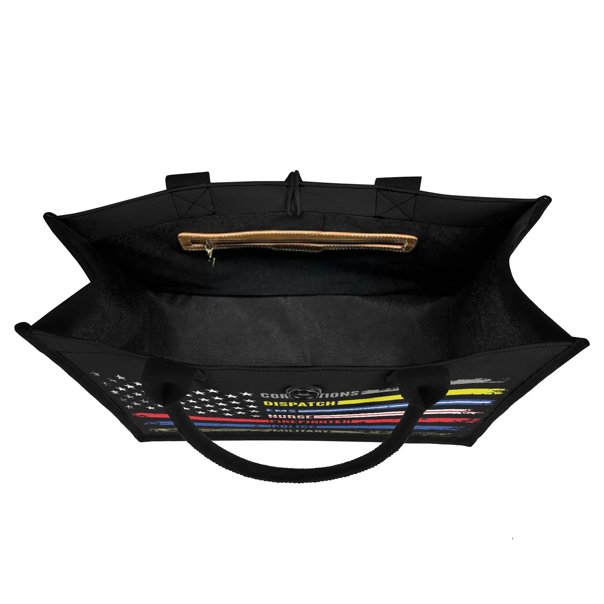 Solidarity Support Military, Police, Firefighter, Nurse, EMS, Dispatch Corrections American Flag Structured Button Closure Canvas Tote Bag in 2 Sizes