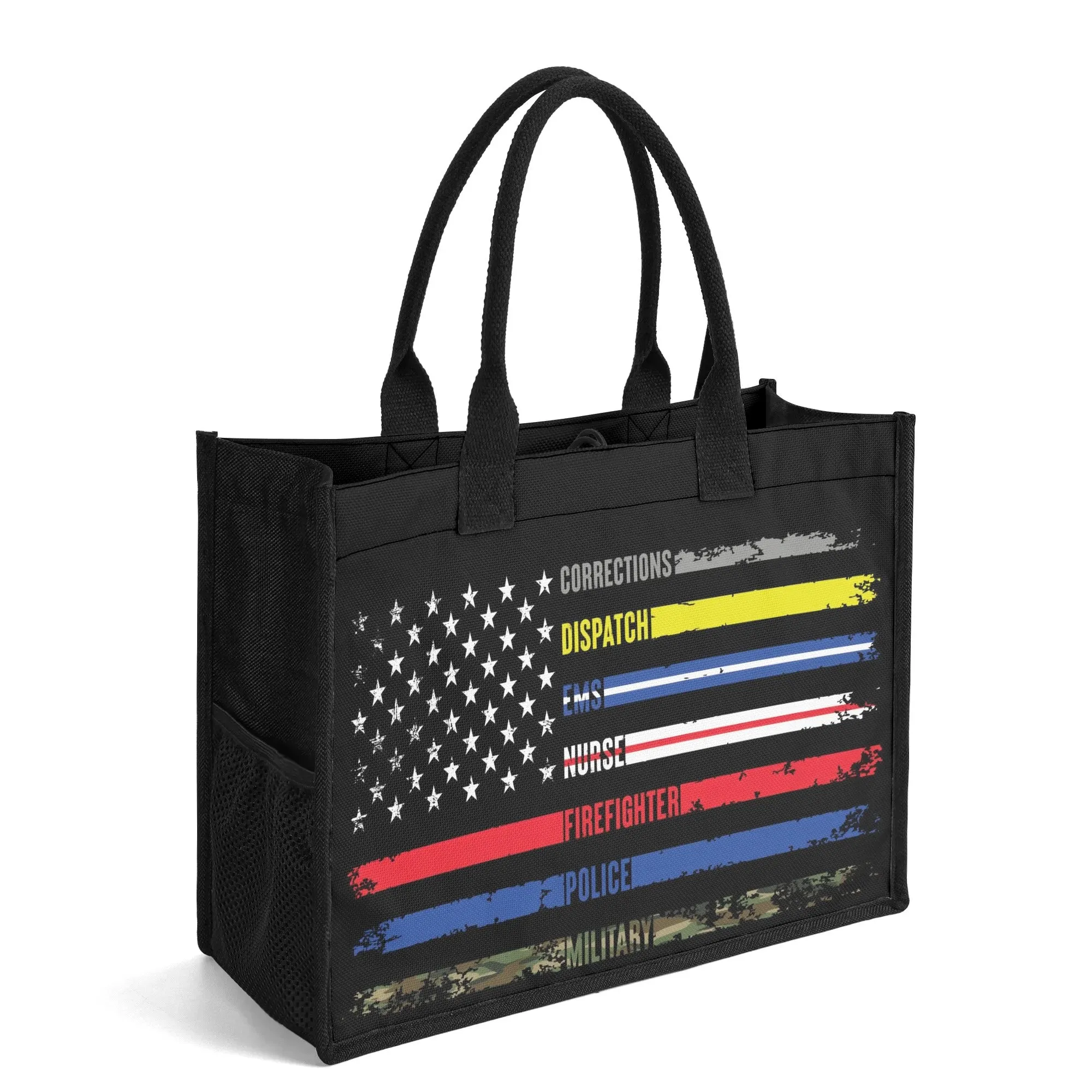 Solidarity Support Military, Police, Firefighter, Nurse, EMS, Dispatch Corrections American Flag Structured Button Closure Canvas Tote Bag in 2 Sizes