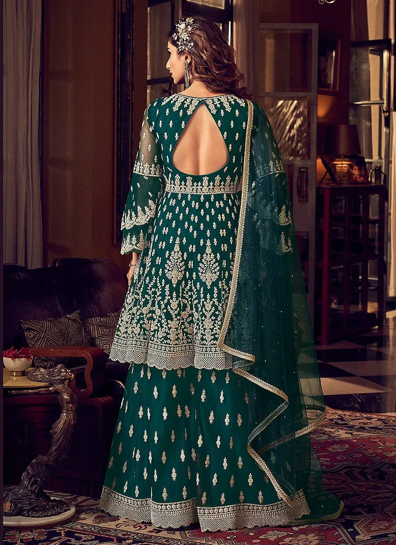 Splendid Green Embroidered Party Wear Sharara Suit