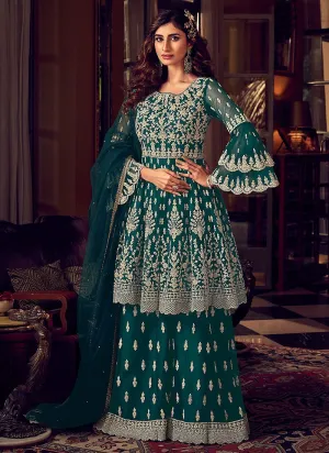 Splendid Green Embroidered Party Wear Sharara Suit