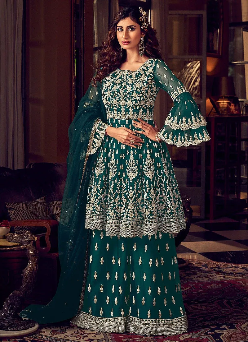 Splendid Green Embroidered Party Wear Sharara Suit