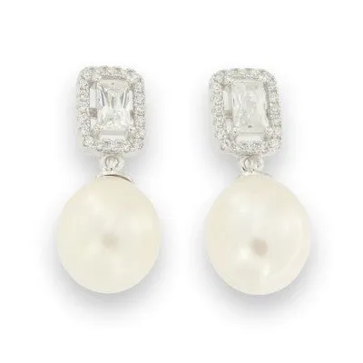 Sterling Silver Radiant Cut CZ Halo Stud with Pearl Drop