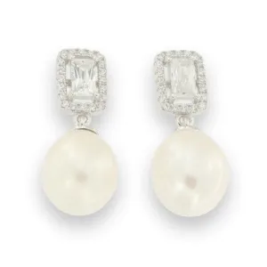 Sterling Silver Radiant Cut CZ Halo Stud with Pearl Drop