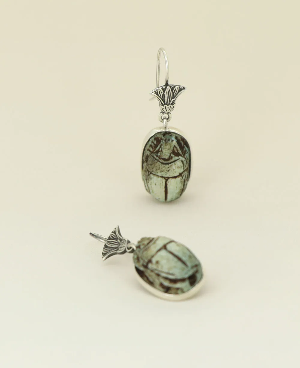 Sterling Silver Scarab and Lotus Carved Earrings